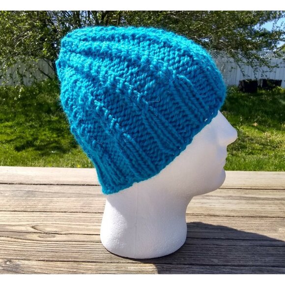 Women's Handmade Alpaca Beanie Twisted Rib Hat Wool Cap Skully Turquoise Blue - Picture 3 of 9
